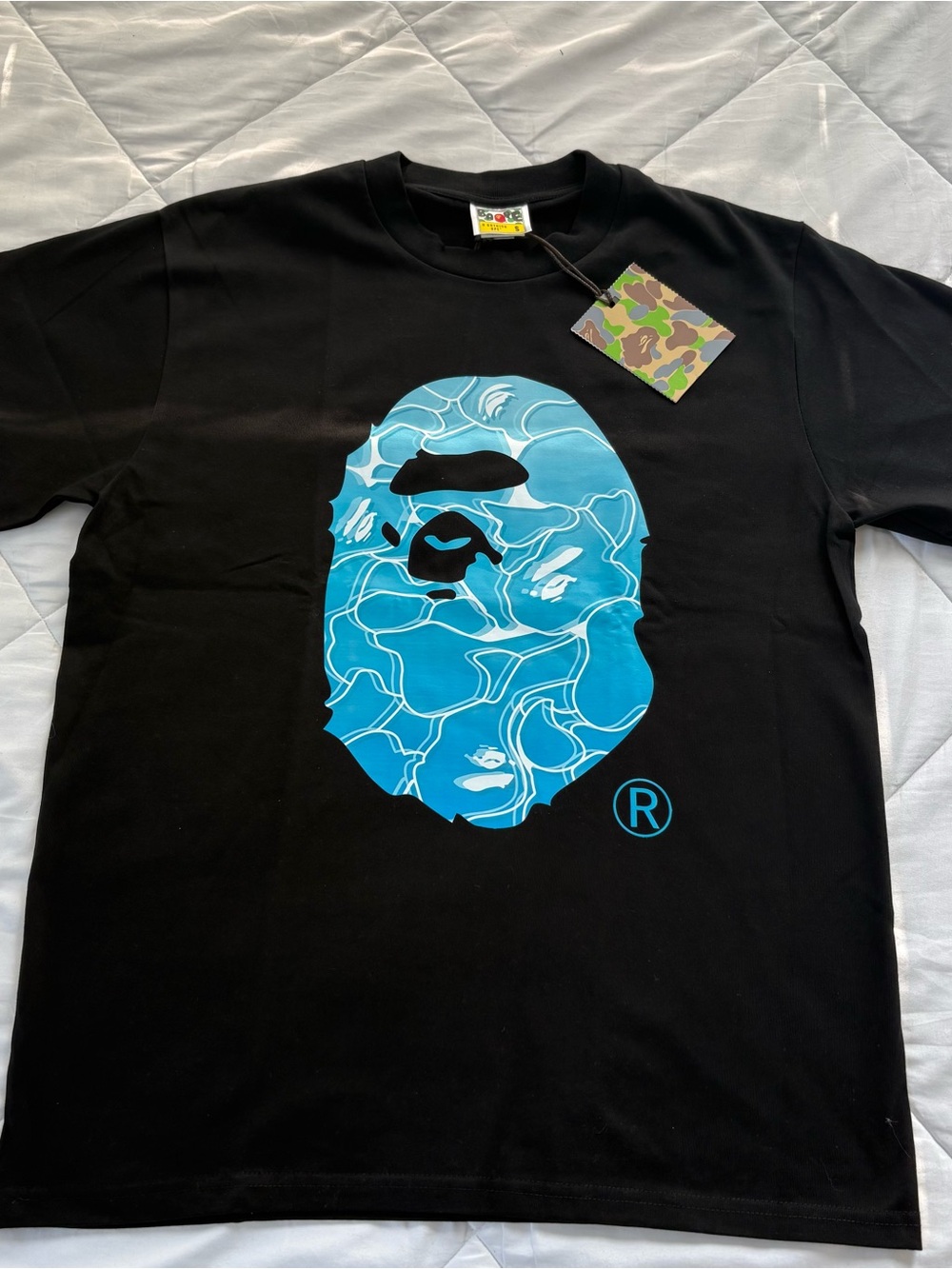 Bape Men's Black Tee with Blue Water-Pattern Ape Head